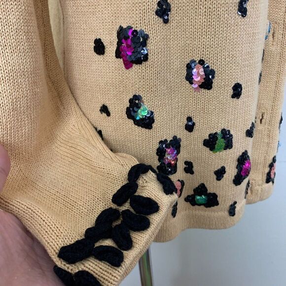 Storybook Knit Embellished Sequined Cheetah Cardigan Small Tan - Picture 10 of 13